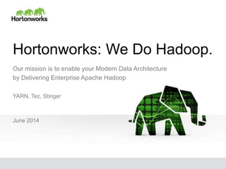 Hortonworks: We Do Hadoop.
Our mission is to enable your Modern Data Architecture
by Delivering Enterprise Apache Hadoop
YARN, Tez, Stinger
June 2014
 