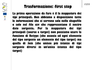 Trasformazione: first step
La prima operazione da fare è il la mappatura dei
tipi principali. Non abbiamo a disposizione tutte
le informazioni che ci servono solo nello shapefile
o solo nel file csv che rappresentano il nostro
dato sorgente. Per la mappatura dei tipi
principali (source e target) non possiamo usare la
funzione di Retype (che associa ad ogni elemento
del tipo sorgente un elemento del tipo target) ma
quella di Join (che unisce più istanze di tipi
sorgente diversi in un'unica istanza del tipo
target)

12/25

 