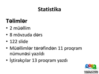 Statistika
Təlimlər
• 2 müəllim
• 8 mövzuda dərs
• 122 slide
• Müəllimlər tərəfindən 11 proqram
  nümunəsi yazıldı
• İştirakçılar 13 proqram yazdı
 