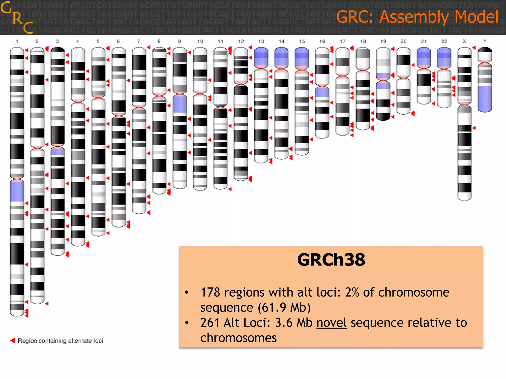 GRC: Assembly Model
GRCh38
• 178 regions with alt loci: 2% of chromosome
sequence (61.9 Mb)
• 261 Alt Loci: 3.6 Mb novel sequence relative to
chromosomes
 