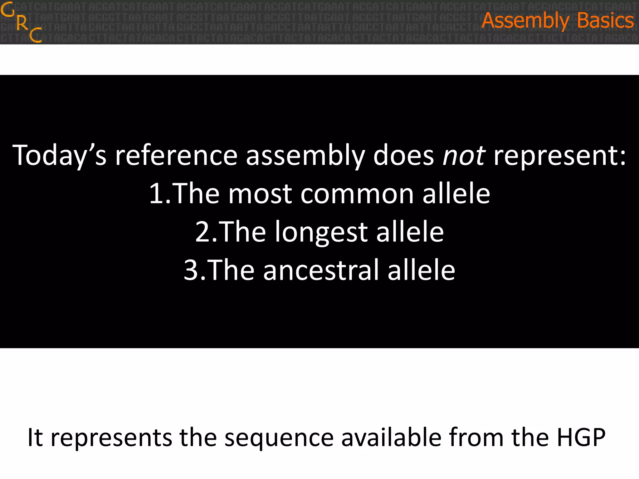 Today’s reference assembly does not represent:
1.The most common allele
2.The longest allele
3.The ancestral allele
Assembly Basics
It represents the sequence available from the HGP
 