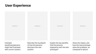 User Experience
A Screenshot or
animation GIF
demonstrating your
prototype.
Scenario 1 Scenario 2 Scenario 3 Scenario 4
Intended
beneficiary/persona
might feel frustrated
with current solution.
Describe the touchpoint
of how the persona
discovers the new
solution.
Explain the key benefits
that the persona
experience with the new
prototype?
Share the impact, and
how the new prototype
solve the problems, as
compared to before.
 