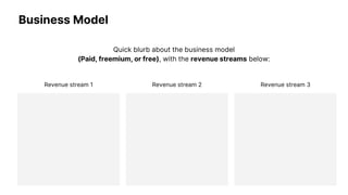 Business Model
Revenue stream 1
Quick blurb about the business model
(Paid, freemium, or free), with the revenue streams below:
Revenue stream 2 Revenue stream 3
 