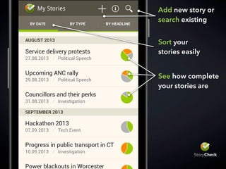 My Stories
BY DATE BY TYPE BY HEADLINE
AUGUST 2013
Service delivery protests
27.08.2013 / Political Speech
Upcoming ANC rally
29.08.2013 / Political Speech
Councillors and their perks
31.08.2013 / Investigation
SEPTEMBER 2013
Hackathon 2013
07.09.2013 / Tech Event
Progress in public transport in CT
10.09.2013 / Investigation
Power blackouts in Worcester
Add new story or
search existing
Sort your
stories easily
See how complete
your stories are
 