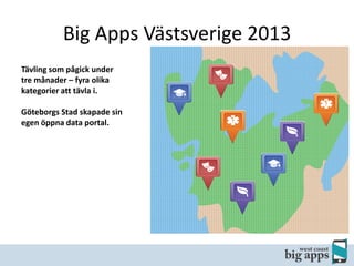 Big Apps Västsverige 2013
Tävling som pågick under
tre månader – fyra olika
kategorier att tävla i.
Göteborgs Stad skapade sin
egen öppna data portal.

 