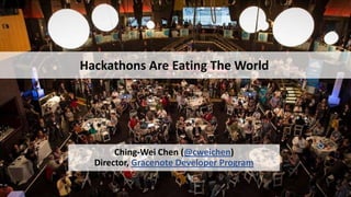 Hackathons Are Eating The World

Ching-Wei Chen (@cweichen)
Director, Gracenote Developer Program
1

 