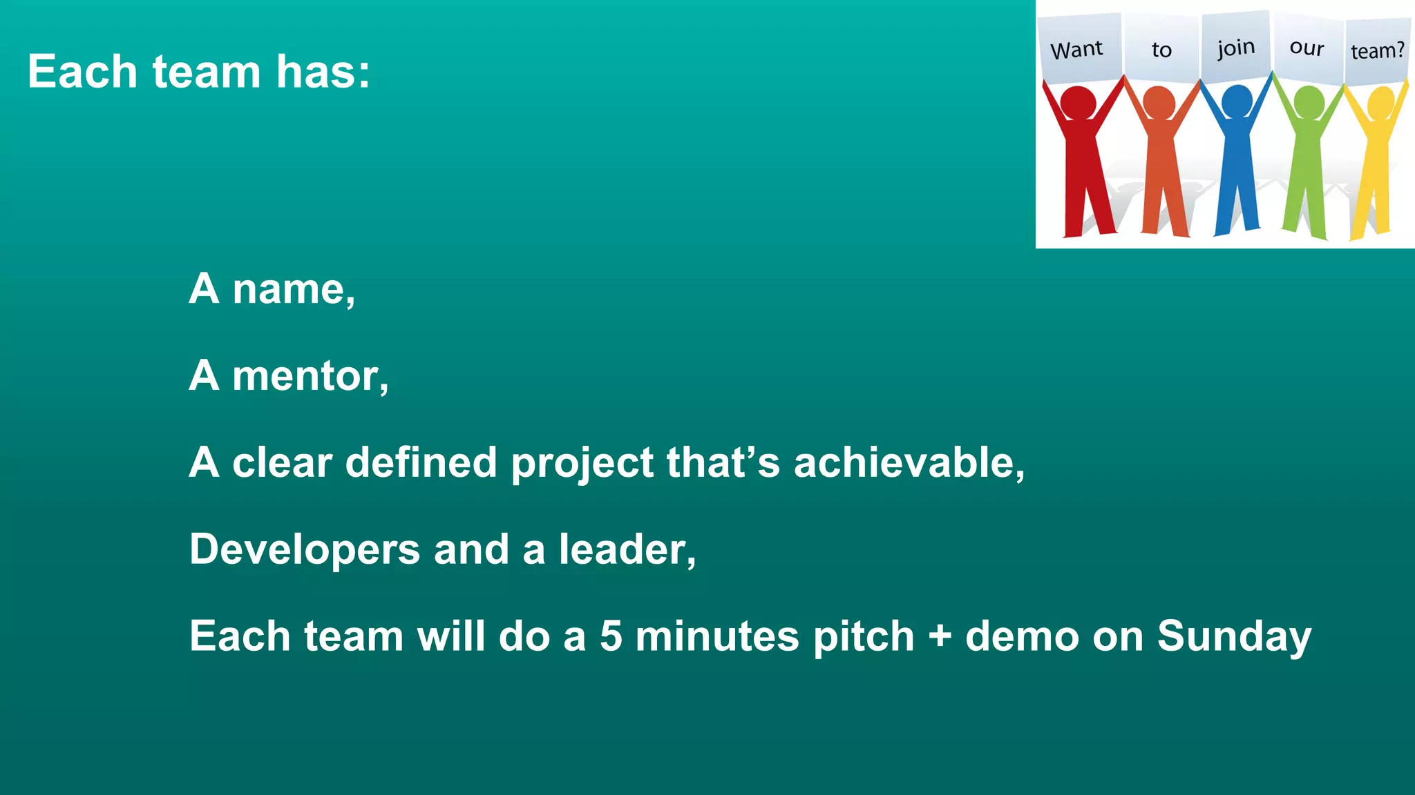 Each team has:
A name,
A mentor,
A clear defined project that’s achievable,
Developers and a leader,
Each team will do a 5 minutes pitch + demo on Sunday
 