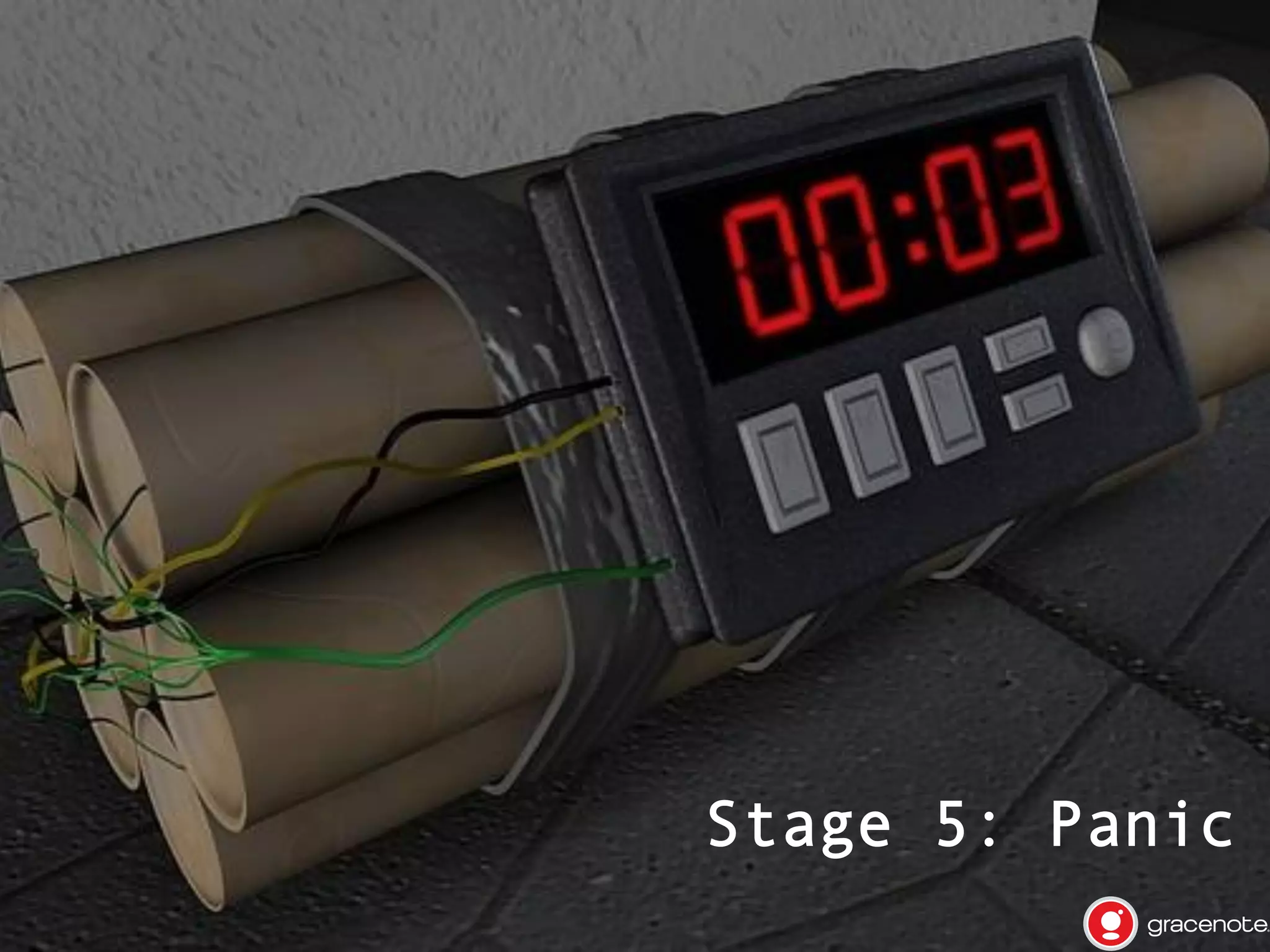 Stage 5: Panic

•  Time's

almost up, and it's not
totally working yet!

•  Even

things that were working
usually stop working around an
hour before hacking ends

•  What

do I do??!!

 