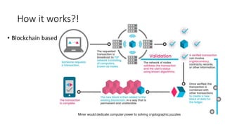 How it works?!
• Blockchain based
Miner would dedicate computer power to solving cryptographic puzzles
 