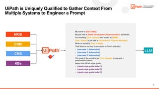 12
My name is {Ed Challis}.
My job role is {Sales Development Representative} at UiPath.
I’m emailing {Tom Joseph} who works at {BMW}
{Tom Joseph}’s job title is {Automation Program Manager}
Write an email to {Tom Joseph}
That links to our top 3 use-cases in Tom’s industry:
• {use-case 1: Automotive}
• {use-case 2: Automotive}
• {use-case 3: Automotive}
The goal of the email is get {Tom Joseph} to request a
personalized demo.
Adopt the UiPath style guide:
• {uipath style guide bullet 1}
• {uipath style guide bullet 2}
• {uipath style guide bullet 3}
UiPath is Uniquely Qualified to Gather Context From
Multiple Systems to Engineer a Prompt
HRIS
CRM
CMS
KBs
LLM
 