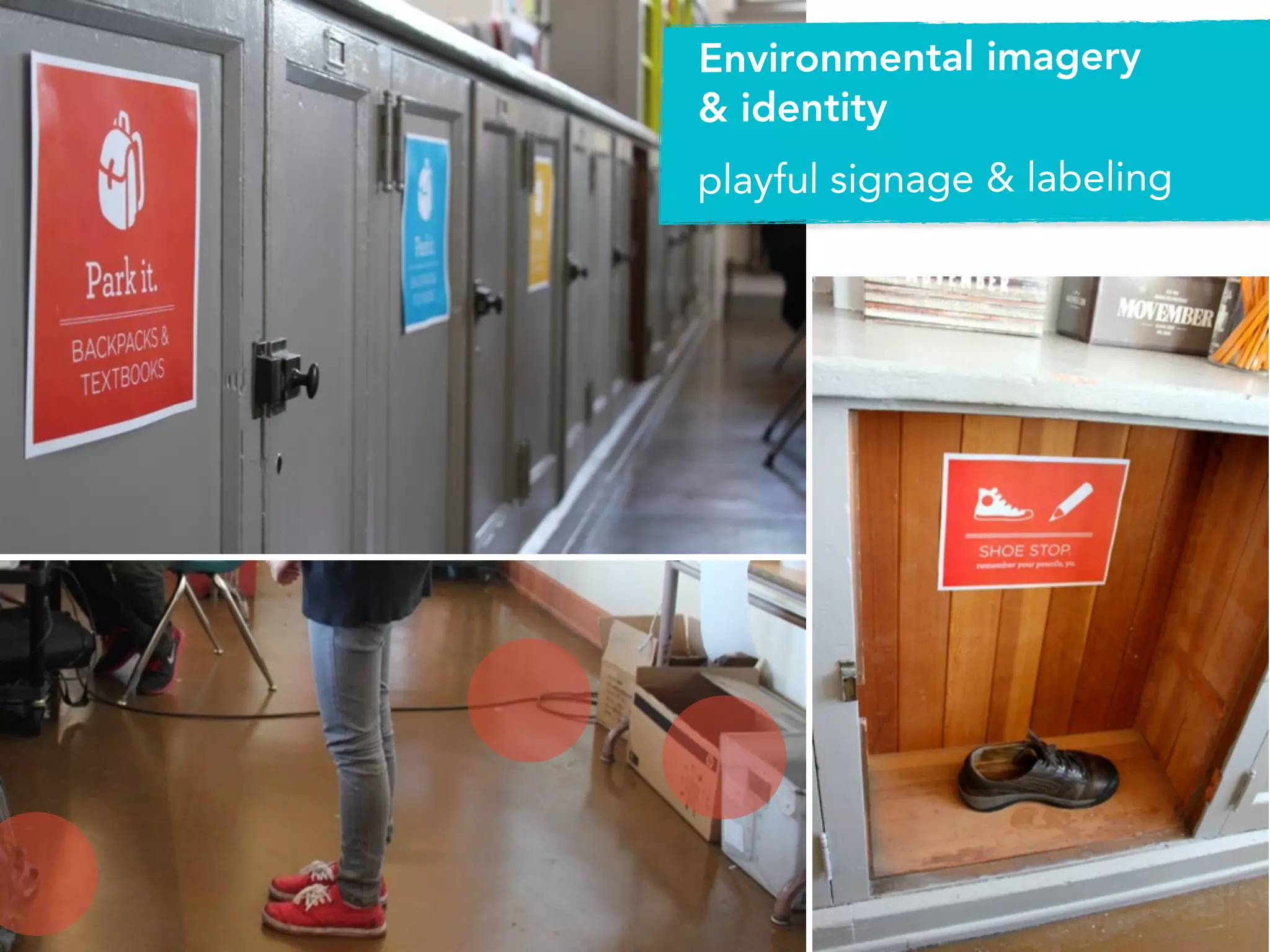 Environmental imagery
& identity
playful signage & labeling
 