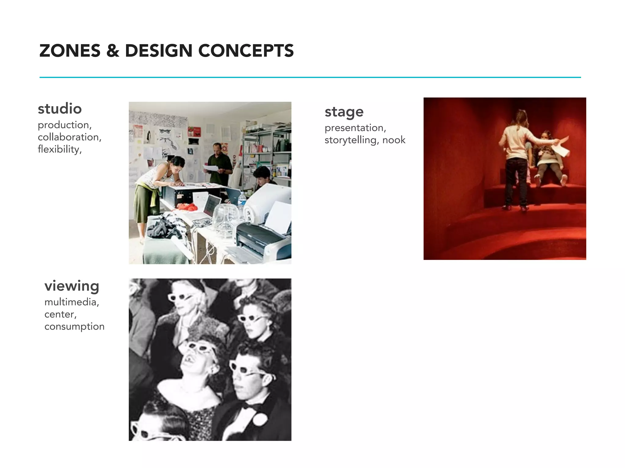 ZONES & DESIGN CONCEPTS


studio                    stage
production,               presentation,
collaboration,            storytelling, nook
ﬂexibility,




 viewing
 multimedia,
 center,
 consumption
 