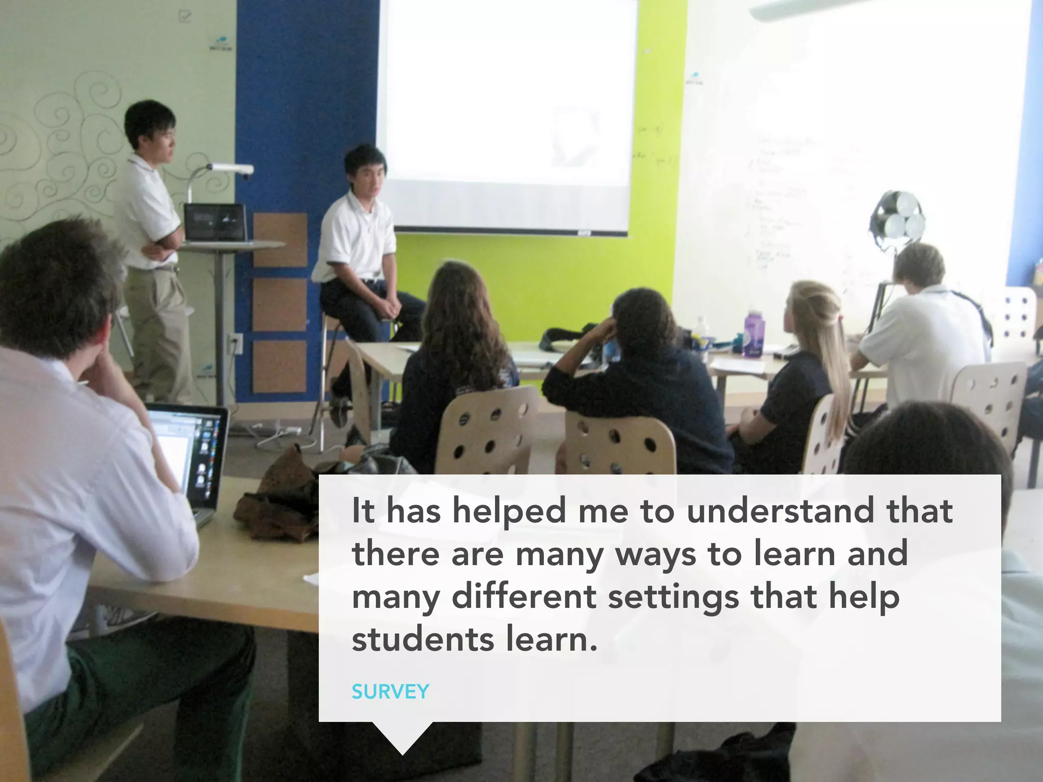 It has helped me to understand that
there are many ways to learn and
many different settings that help
students learn.
STUDENT SURVEY
 