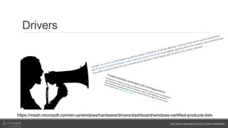 WE DRIVE BUSINESS EVOLUTION FORWARD
Drivers
https://msdn.microsoft.com/en-us/windows/hardware/drivers/dashboard/windows-certified-products-listv
 