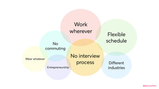 @jennyshen
Flexible
schedule
No interview
process Different
industries
Work
wherever
No
commuting
Entrepreneurship
Wear whatever
 