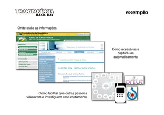 exemplo


Onde estão as informações




                                                  Como acessá-las e
                                                      capturá-las
                                                   automaticamente




              Como facilitar que outras pessoas
     visualizem e investiguem esse cruzamento
 