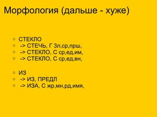 Морфология (дальше - хуже)     СТЕКЛО    -> СТЕЧЬ, Г 3л,ср,прш,    -> СТЕКЛО, С ср,ед,им,    -> СТЕКЛО, С ср,ед,вн,     ИЗ     -> ИЗ, ПРЕДЛ    -> ИЗА, С жр,мн,рд,имя,   