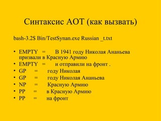 Синтаксис АОТ (как вызвать) bash-3.2$ Bin/TestSynan.exe Russian _t.txt EMPTY  =  В 1941 году Николая Ананьева призвали в Красную Армию EMPTY  =  и отправили на фронт . GP  =  году Николая GP  =  году Николая Ананьева NP  =  Красную Армию PP  =  в Красную Армию PP  =  на фронт 