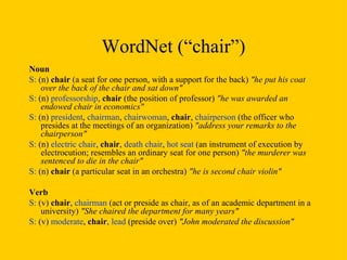 WordNet (“chair”) Noun S:  (n)  chair  (a seat for one person, with a support for the back)  "he put his coat over the back of the chair and sat down"   S:  (n)  professorship ,  chair  (the position of professor)  "he was awarded an endowed chair in economics"   S:  (n)  president ,  chairman ,  chairwoman ,  chair ,  chairperson  (the officer who presides at the meetings of an organization)  "address your remarks to the chairperson"   S:  (n)  electric   chair ,  chair ,  death   chair ,  hot   seat  (an instrument of execution by electrocution; resembles an ordinary seat for one person)  "the murderer was sentenced to die in the chair"   S:  (n)  chair  (a particular seat in an orchestra)  "he is second chair violin"   Verb S:  (v)  chair ,  chairman  (act or preside as chair, as of an academic department in a university)  "She chaired the department for many years"   S:  (v)  moderate ,  chair ,  lead  (preside over)  "John moderated the discussion"   