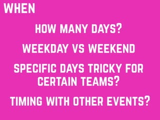 how many days?
when
weekday vs weekend
specific days tricky for
certain teams?
timing with other events?
 