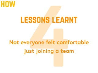 4Not everyone felt comfortable
just joining a team
lessons learnt
how
 