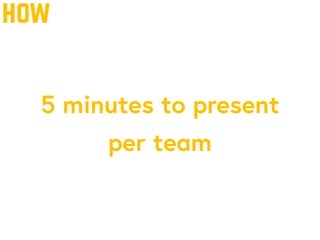 how
5 minutes to present
per team
 