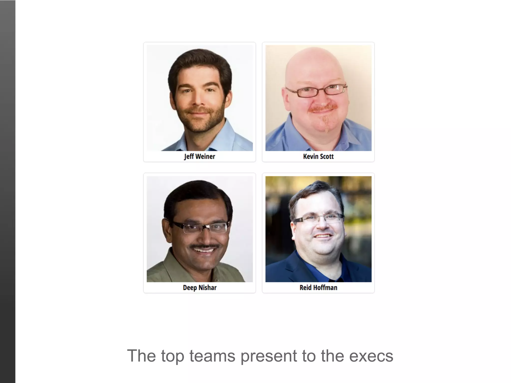 The top teams present to the execs
 