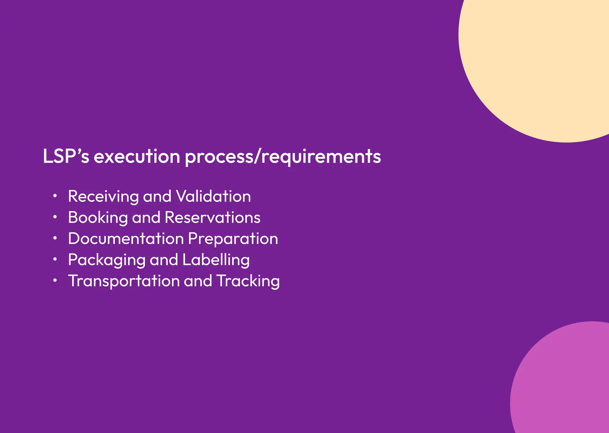Receiving and Validatio
Booking and Reservation
Documentation Preparatio
Packaging and Labellin
Transportation and Tracking
LSP’s execution process/requirements
 