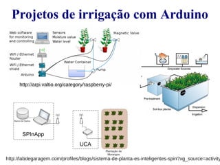 Projetos de irrigação com Arduino 
http://arpi.valtio.org/category/raspberry-pi/ 
http://labdegaragem.com/profiles/blogs/sistema-de-planta-es-inteligentes-spin?xg_source=activity 
 