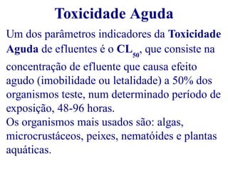 Toxicidade Aguda 
Um dos parâmetros indicadores da Toxicidade 
Aguda de efluentes é o CL50, que consiste na 
concentração de efluente que causa efeito 
agudo (imobilidade ou letalidade) a 50% dos 
organismos teste, num determinado período de 
exposição, 48-96 horas. 
Os organismos mais usados são: algas, 
microcrustáceos, peixes, nematóides e plantas 
aquáticas. 
 