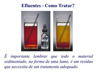 Efluentes - Como Tratar? 
É importante lembrar que todo o material 
sedimentado, na forma de uma lama, é um resíduo 
que necessita de um tratamento adequado. 
 
