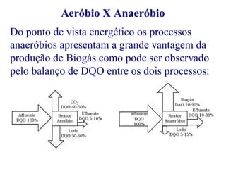 Aeróbio X Anaeróbio 
Do ponto de vista energético os processos 
anaeróbios apresentam a grande vantagem da 
produção de Biogás como pode ser observado 
pelo balanço de DQO entre os dois processos: 
 