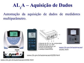 AL2A – Aquisição de Dados 
Automação da aquisição de dados de medidores 
multiparâmetro. 
www.c2o.pro.br/automacao/x5209.html 
www.c2o.pro.br/automacao/x4456.html 
www.c2o.pro.br/automacao/ 
x5291.html 
 
