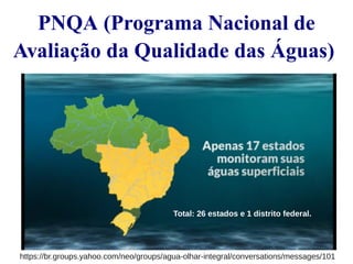 PNQA (Programa Nacional de 
Avaliação da Qualidade das Águas) 
Total: 26 estados e 1 distrito federal. 
https://br.groups.yahoo.com/neo/groups/agua-olhar-integral/conversations/messages/101 
 