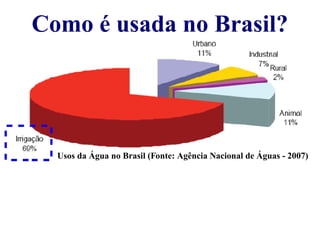 Como é usada no Brasil? 
Usos da Água no Brasil (Fonte: Agência Nacional de Águas - 2007) 
 