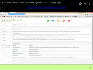 Hackeando Dados Públicos com Python – bit.ly/pyraspa
28
http://educacao.dadosabertosbr.com/api
 