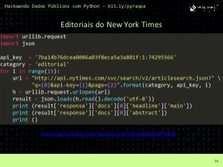 Hackeando Dados Públicos com Python – bit.ly/pyraspa
31
https://gist.github.com/fmasanori/d153bea5690164f75302
Editoriais do New York Times
 