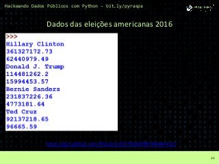 Hackeando Dados Públicos com Python – bit.ly/pyraspa
33
https://gist.github.com/fmasanori/b7b56cf9fb0a4a4e4a17
Dados das eleições americanas 2016
 