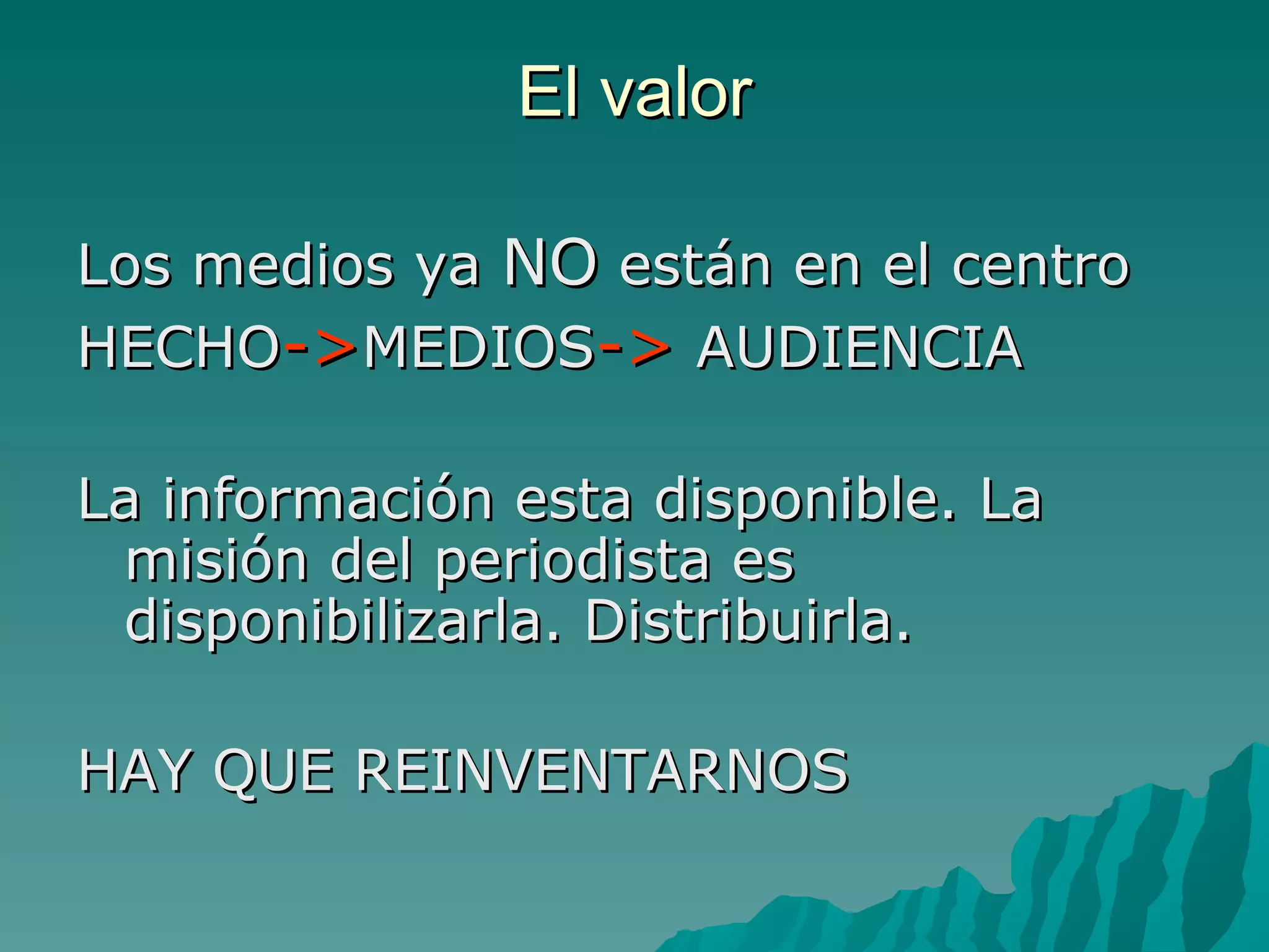 El valor

Los medios ya NO están en el centro
HECHO->MEDIOS-> AUDIENCIA

La información esta disponible. La
 misión del periodista es
 disponibilizarla. Distribuirla.

HAY QUE REINVENTARNOS
 