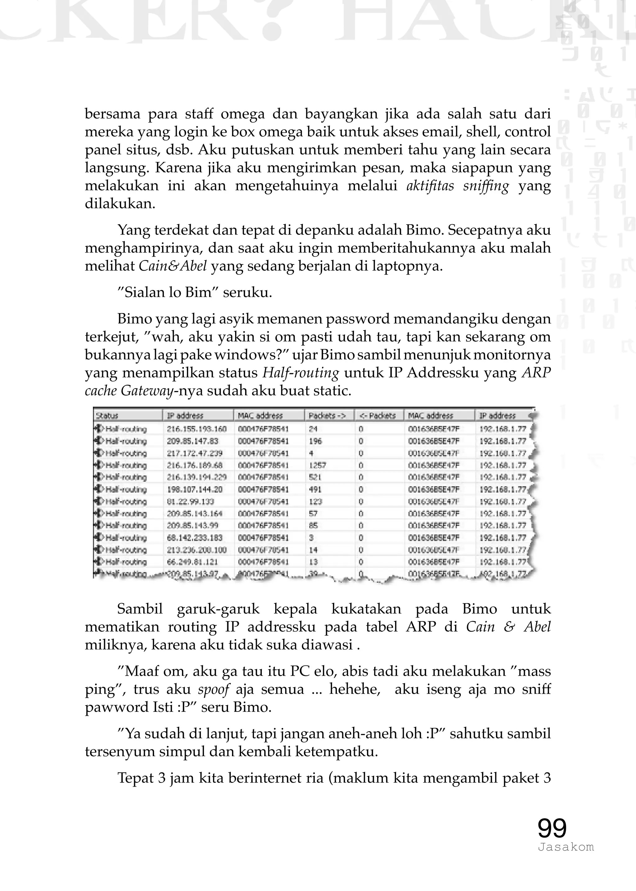 CKER? HACK�0 1 1
G0 1 1
0 1 1
h 0 1
TW
sad i
0 01
0RgOU
K NX 1
0 01
1 H 1
1 4 0
1 1 1
1W1 0
d t1
1 H K
1 0 0
1 0 1 L
01 0
1 0 K
1
1 1
1 B p
99Jasakom
bersama para staff omega dan bayangkan jika ada salah satu dari
mereka yang login ke box omega baik untuk akses email, shell, control
panel situs, dsb. Aku putuskan untuk memberi tahu yang lain secara
langsung. Karena jika aku mengirimkan pesan, maka siapapun yang
melakukan ini akan mengetahuinya melalui aktifitas sniffing yang
dilakukan.
Yang terdekat dan tepat di depanku adalah Bimo. Secepatnya aku
menghampirinya, dan saat aku ingin memberitahukannya aku malah
melihat Cain&Abel yang sedang berjalan di laptopnya.
”Sialan lo Bim” seruku.
Bimo yang lagi asyik memanen password memandangiku dengan
terkejut, ”wah, aku yakin si om pasti udah tau, tapi kan sekarang om
bukannyalagipakewindows?”ujarBimosambilmenunjukmonitornya
yang menampilkan status Half-routing untuk IP Addressku yang ARP
cache Gateway-nya sudah aku buat static.
Sambil garuk-garuk kepala kukatakan pada Bimo untuk
mematikan routing IP addressku pada tabel ARP di Cain & Abel
miliknya, karena aku tidak suka diawasi .
”Maaf om, aku ga tau itu PC elo, abis tadi aku melakukan ”mass
ping”, trus aku spoof aja semua ... hehehe, aku iseng aja mo sniff
pawword Isti :P” seru Bimo.
”Ya sudah di lanjut, tapi jangan aneh-aneh loh :P” sahutku sambil
tersenyum simpul dan kembali ketempatku.
Tepat 3 jam kita berinternet ria (maklum kita mengambil paket 3
 