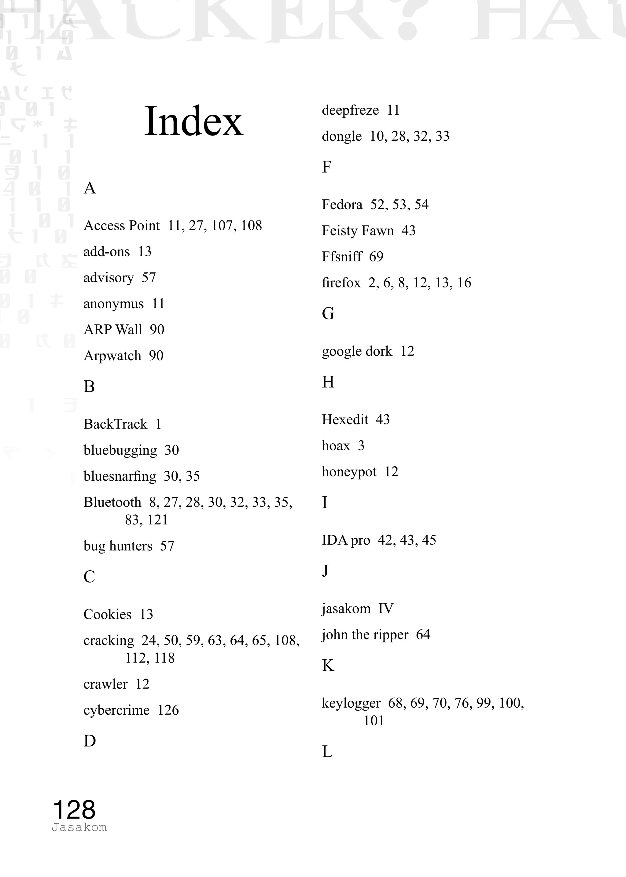 1 1 1
0 1 1D
1 1 0
0 1 a
TW
ad ik
0 01
RgOUL
NX 1 1
01 1
H 1 0
4 0 1
1 1 0
W1 0 1
t1 0
H K G
0 0
0 1 L
1 0
0 K 0
1 o
B p
1
HACKER? HAC
128Jasakom
Index
A
Access Point 11, 27, 107, 108
add-ons 13
advisory 57
anonymus 11
ARP Wall 90
Arpwatch 90
B
BackTrack 1
bluebugging 30
bluesnarfing 30, 35
Bluetooth 8, 27, 28, 30, 32, 33, 35,
83, 121
bug hunters 57
C
Cookies 13
cracking 24, 50, 59, 63, 64, 65, 108,
112, 118
crawler 12
cybercrime 126
D
deepfreze 11
dongle 10, 28, 32, 33
F
Fedora 52, 53, 54
Feisty Fawn 43
Ffsniff 69
firefox 2, 6, 8, 12, 13, 16
G
google dork 12
H
Hexedit 43
hoax 3
honeypot 12
I
IDA pro 42, 43, 45
J
jasakom IV
john the ripper 64
K
keylogger 68, 69, 70, 76, 99, 100,
101
L
 