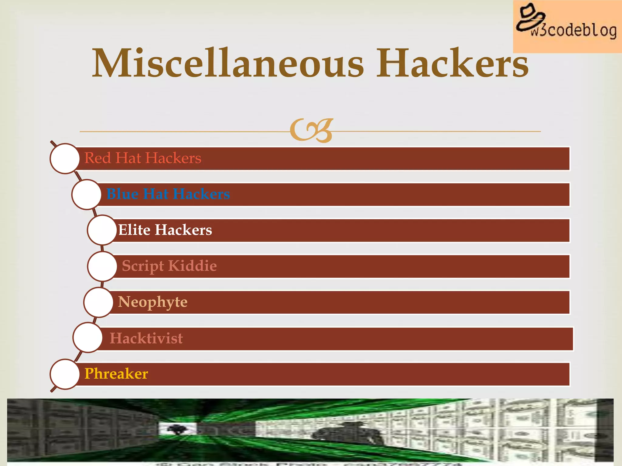 Red Hat Hackers
Blue Hat Hackers
Elite Hackers
Script Kiddie
Neophyte
Hacktivist
Phreaker
Miscellaneous Hackers
 