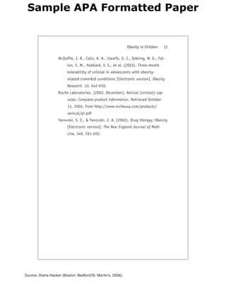 Source: Diana Hacker (Boston: Bedford/St. Martin’s, 2006).
Sample APA Formatted Paper
 