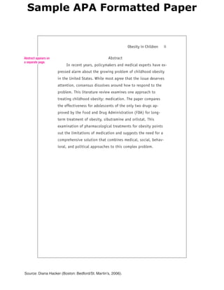 Source: Diana Hacker (Boston: Bedford/St. Martin’s, 2006).
Abstract appears on
a separate page.
Sample APA Formatted Paper
 