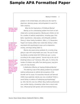 Source: Diana Hacker (Boston: Bedford/St. Martin’s, 2006).
Headings, centered,
help readers follow
the organization.
In a signal phrase,
the word “and”
links the names of
two authors; the
date is given in
parentheses.
Because the author
(Carmona) is not
named in the signal
phrase, his name
and the date
appear in parenthe-
ses, along with the
paragraph number
of the electronic
source.
Sample APA Formatted Paper
 