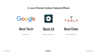 Meet & Pitch Metcalfe’s Law
2.LawofHackerCulture:NetworkEffects
BestDataBestUIBestTech
Moore’s Law Network Effects Riders Network Effects Cars
 