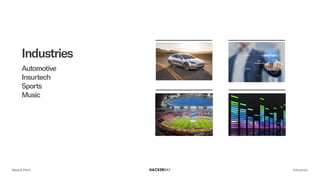 Industries
Automotive
Insurtech
Sports
Music
Meet & Pitch Industries
 