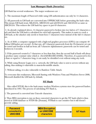 Lan Manager Hash (Security)
LM Hash has several weaknesses. The major weaknesses are :
1. The maximum length of Password while using LM authentication can only be 14 characters.
2. All passwords in LM hash are converted into UPPERCASE before generating the hash value.
This means LM hash treats ABcd1234, ABCD1234 and abCD1234 and AbCd1234 as same as
ABCD1234. This reduces the LM hash key space to just 69 characters.
3. As already explained above, 14 character password is broken into two halves of 7 characters e-
ach and then the LM hash is calculated for each half separately. This makes it easier to crack a
LM hash, as the attacker only needs to brute-force 7 characters twice instead of the full 14 charact-
ers.
4. As of 2020, a computer equipped with a high-end graphics processor (GPUs) can compute 40
billion LM-hashes per second. At that rate, all 7-character passwords from the 95-character set can
be tested and broken in half an hour; all 7-character alphanumeric passwords can be tested and
broken in 2 seconds.
5. If the password created is 7 characters or less than that, then the second half of hash will alway-
s produce same constant value which is (0xAAD3B435B51404EE). Therefore, if a password is les-
s than or equal to 7 characters long, it can easily be identified even without using any tools.
6. While using Remote Login over a network, the LM hash value is sent to servers without any
salting, thus making it vulnerable to man-in-the-middle attacks.
7. Without salting, it is also vulnerable to Rainbow Table Attack.
To overcome this weaknesses, Microsoft Starting with Windows Vista and Windows Server 2008,
Microsoft disabled the LM hash by default;
NT Hash
Also called NTLM, this is the hash many modern Windows systems store the password hashes.
Introduced in 1993. The process of calculating NT Hash is,
1. The password is converted into Unicode characters.
2. Then MD4 encryption is run on these converted characters to get the NT hash which is then
stored in SAM database or NTDS file (Domain). NTHash is case sensitive but it still doesn’t
provide salting.
 