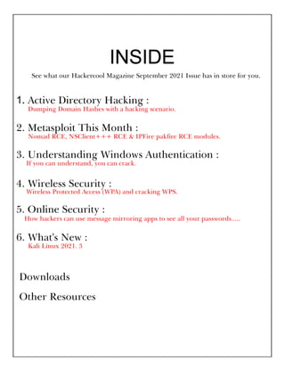 See what our Hackercool Magazine September 2021 Issue has in store for you.
Active Directory Hacking :
Dumping Domain Hashes with a hacking scenario.
2. Metasploit This Month :
Nomad RCE, NSClient+++ RCE & IPFire pakfire RCE modules.
3. Understanding Windows Authentication :¬¬¬¬¬¬¬
If you can understand, you can crack.
4. Wireless Security :
Wireless Protected Access (WPA) and cracking WPS.
5. Online Security :
¬¬¬How hackers can use message mirroring apps to see all your passwords.....
6. What's New :
Kali Linux 2021. 3
Downloads
Other Resources
 